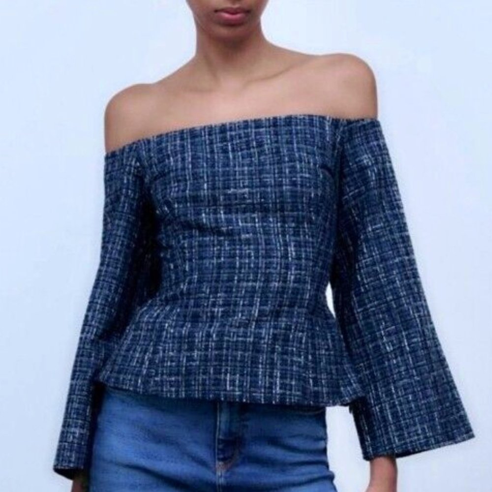 ZARA Off the Shoulder Navy Tweed Blouse Top Size Small NWT